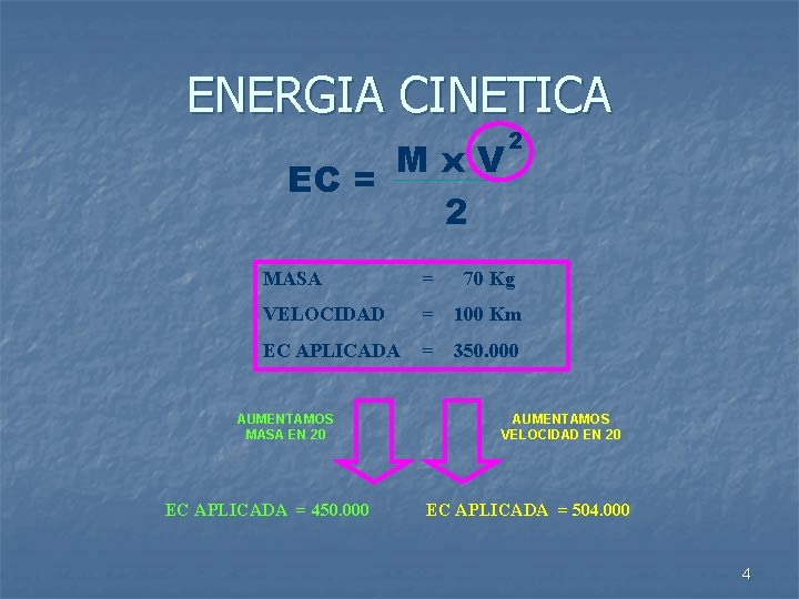 ENERGIA CINETICA Mx. V EC = 2 2 MASA = 70 Kg VELOCIDAD =