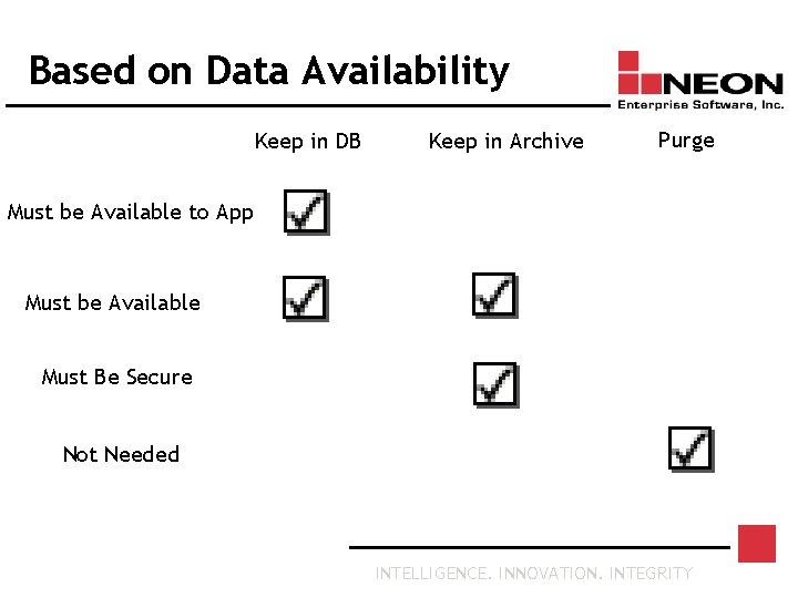 Based on Data Availability Keep in DB Keep in Archive Purge Must be Available