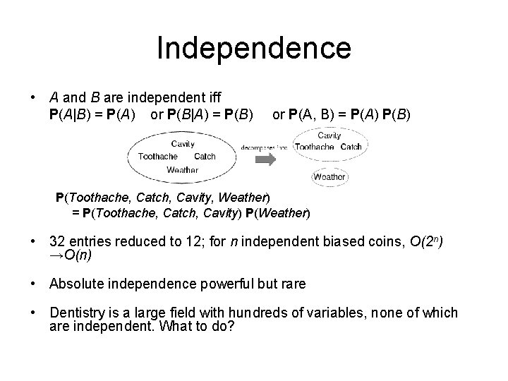 Independence • A and B are independent iff P(A|B) = P(A) or P(B|A) =