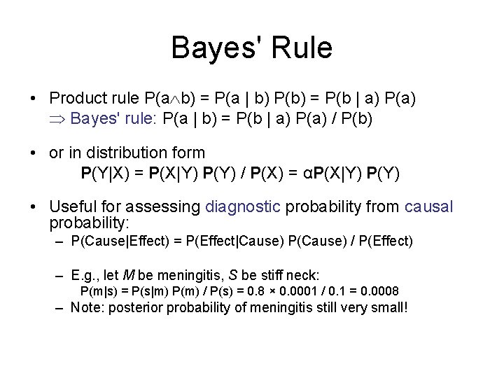 Bayes' Rule • Product rule P(a b) = P(a | b) P(b) = P(b