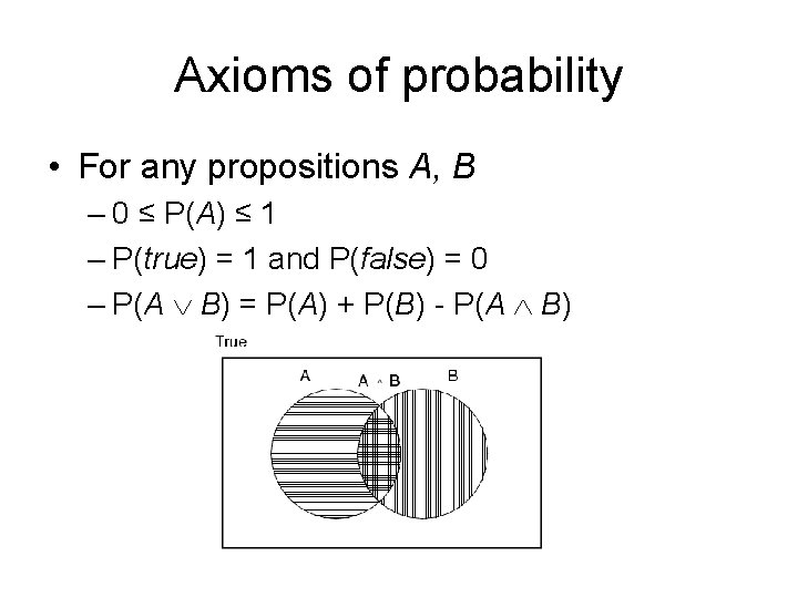 Axioms of probability • For any propositions A, B – 0 ≤ P(A) ≤