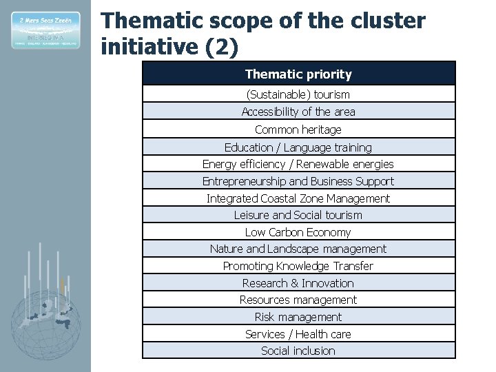 Thematic scope of the cluster initiative (2) Thematic priority (Sustainable) tourism Accessibility of the