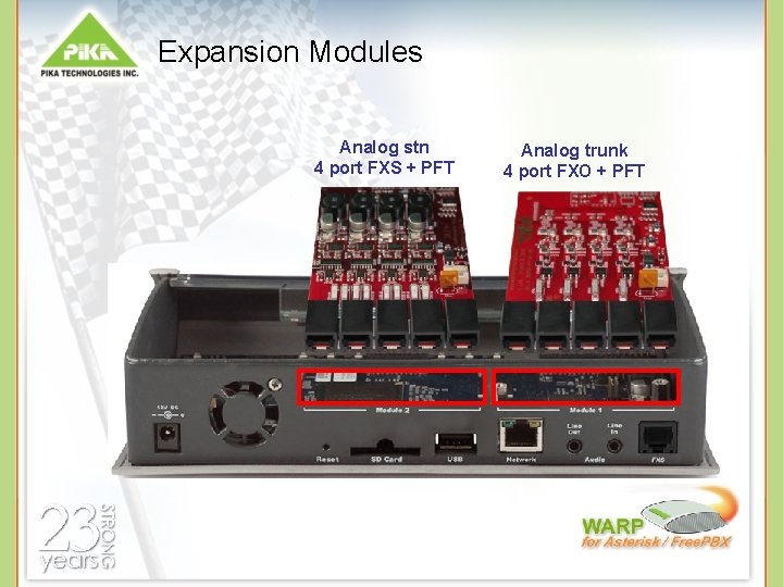 Expansion Modules Analog stn 4 port FXS + PFT Analog trunk 4 port FXO