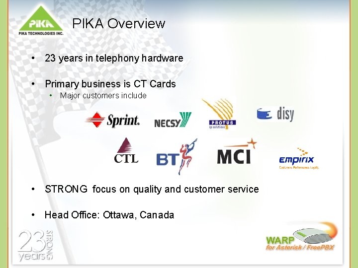 PIKA Overview • 23 years in telephony hardware • Primary business is CT Cards