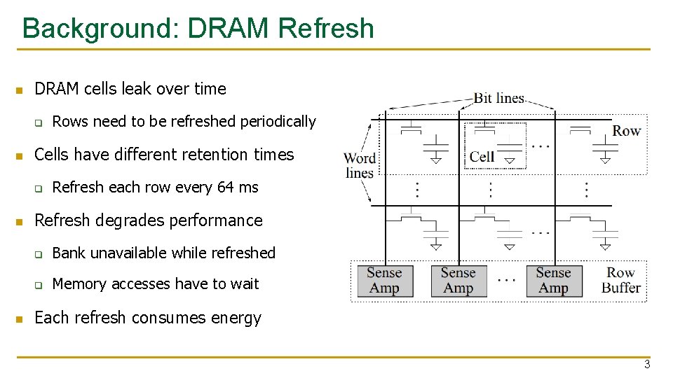 Background: DRAM Refresh n DRAM cells leak over time q n Cells have different