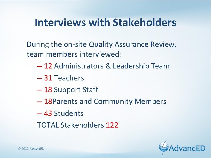 Interviews with Stakeholders During the on-site Quality Assurance Review, team members interviewed: – 12