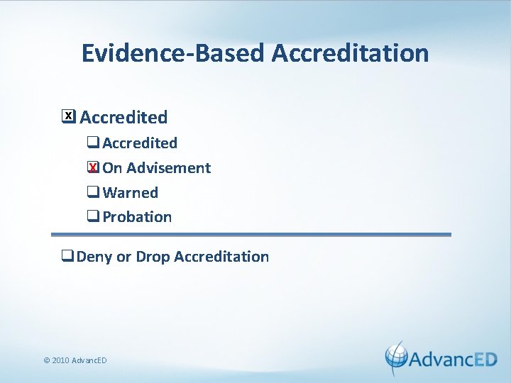 Evidence-Based Accreditation x Accredited q q. Accredited X On Advisement q q. Warned q.