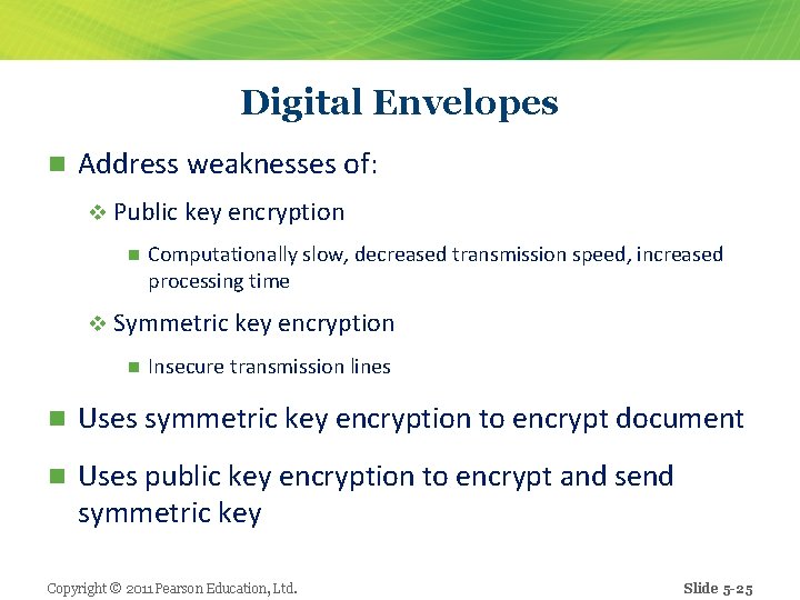 Digital Envelopes n Address weaknesses of: v Public key encryption n Computationally slow, decreased