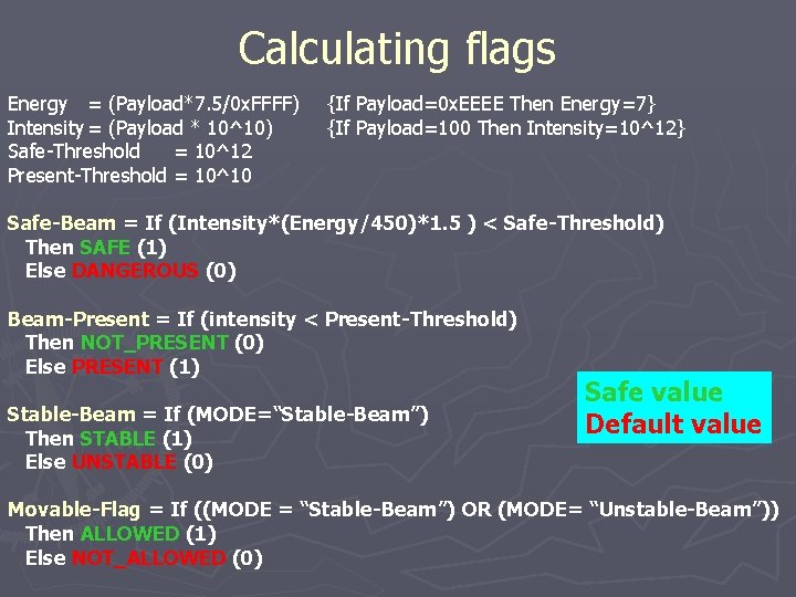 Calculating flags Energy = (Payload*7. 5/0 x. FFFF) Intensity = (Payload * 10^10) Safe-Threshold