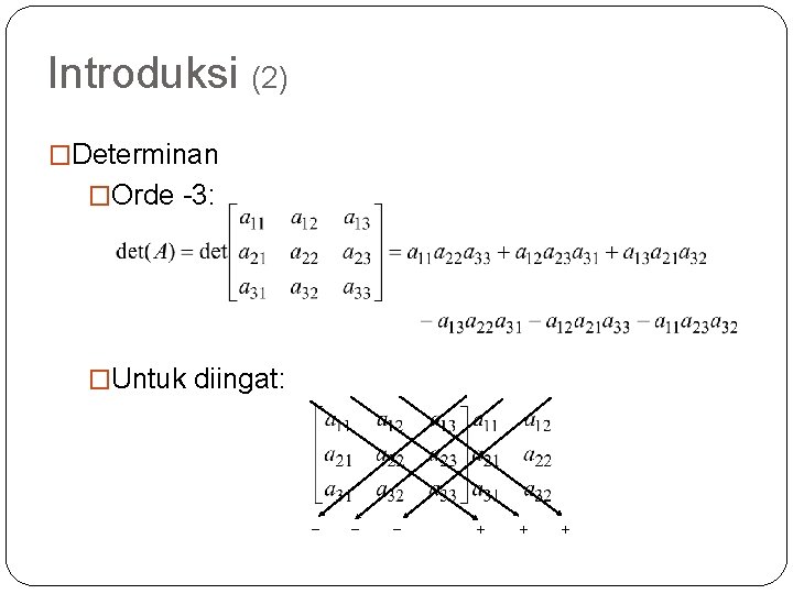 Introduksi (2) �Determinan �Orde -3: �Untuk diingat: – – – + + + 