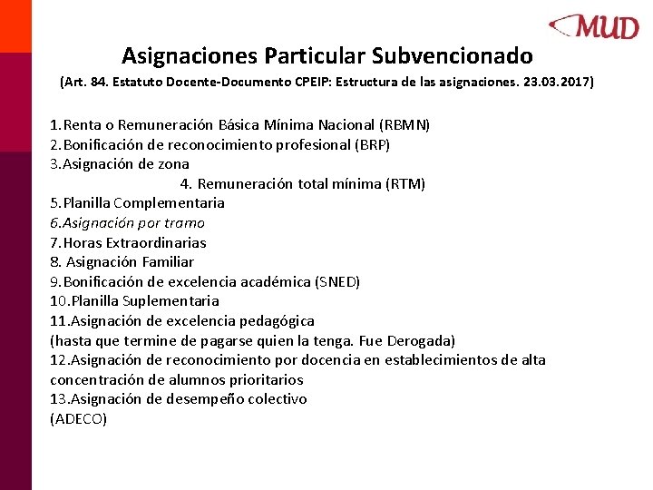 Asignaciones Particular Subvencionado (Art. 84. Estatuto Docente-Documento CPEIP: Estructura de las asignaciones. 23. 03.