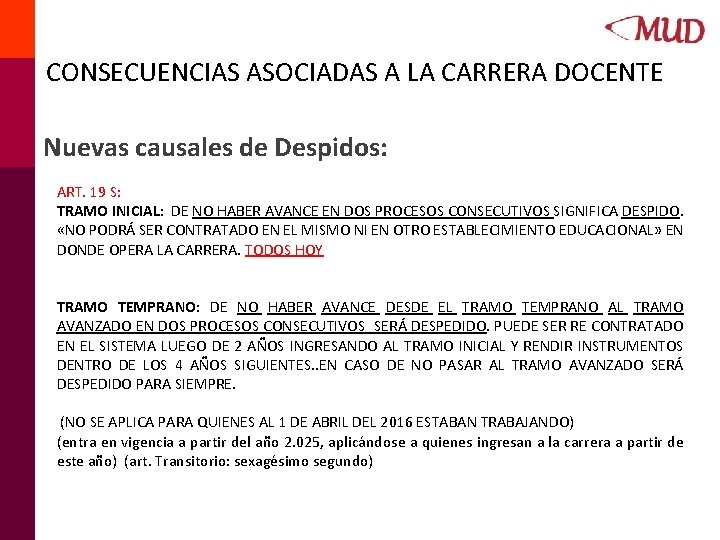 CONSECUENCIAS ASOCIADAS A LA CARRERA DOCENTE Nuevas causales de Despidos: ART. 19 S: TRAMO