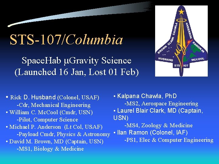 STS-107/Columbia Space. Hab Gravity Science (Launched 16 Jan, Lost 01 Feb) • Kalpana Chawla,