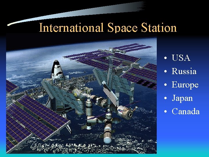 International Space Station • • • USA Russia Europe Japan Canada 