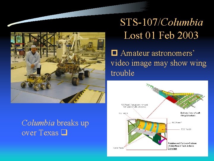 STS-107/Columbia Lost 01 Feb 2003 Amateur astronomers’ video image may show wing trouble Columbia