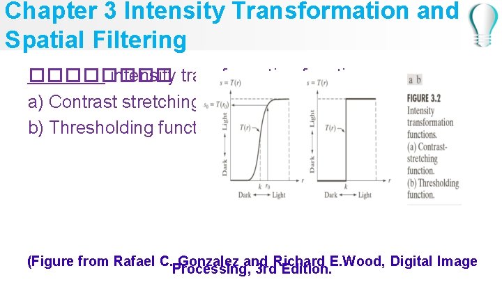 Chapter 3 Intensity Transformation and Spatial Filtering ���� intensity transformation function a) Contrast stretching