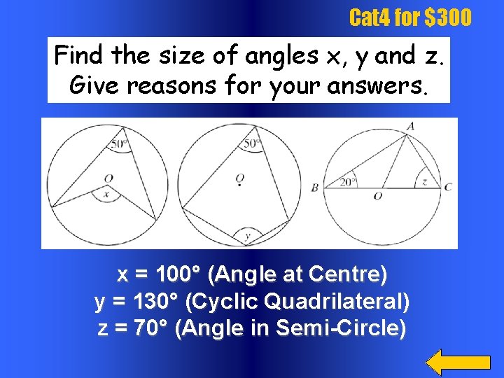 Cat 4 for $300 Find the size of angles x, y and z. Give