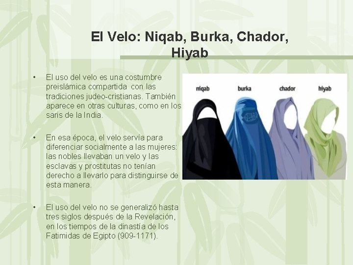El Velo: Niqab, Burka, Chador, Hiyab • El uso del velo es una costumbre