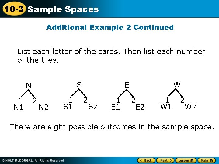 10 -3 Sample Spaces Additional Example 2 Continued List each letter of the cards.
