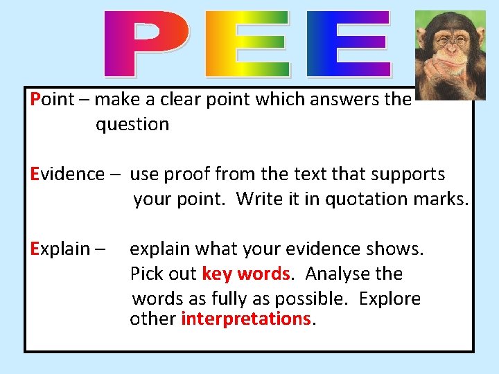 Point – make a clear point which answers the question Evidence – use proof