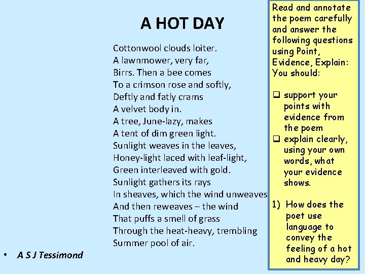 A HOT DAY • A S J Tessimond Cottonwool clouds loiter. A lawnmower, very