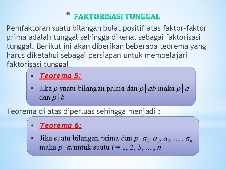 * Pemfaktoran suatu bilangan bulat positif atas faktor-faktor prima adalah tunggal sehingga dikenal sebagai