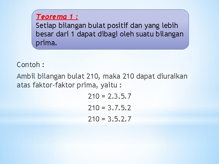 Teorema 1 : Setiap bilangan bulat positif dan yang lebih besar dari 1 dapat