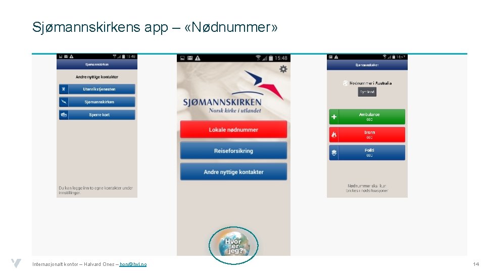 Sjømannskirkens app – «Nødnummer» Internasjonalt kontor – Halvard Ones – hon@hvl. no 14 