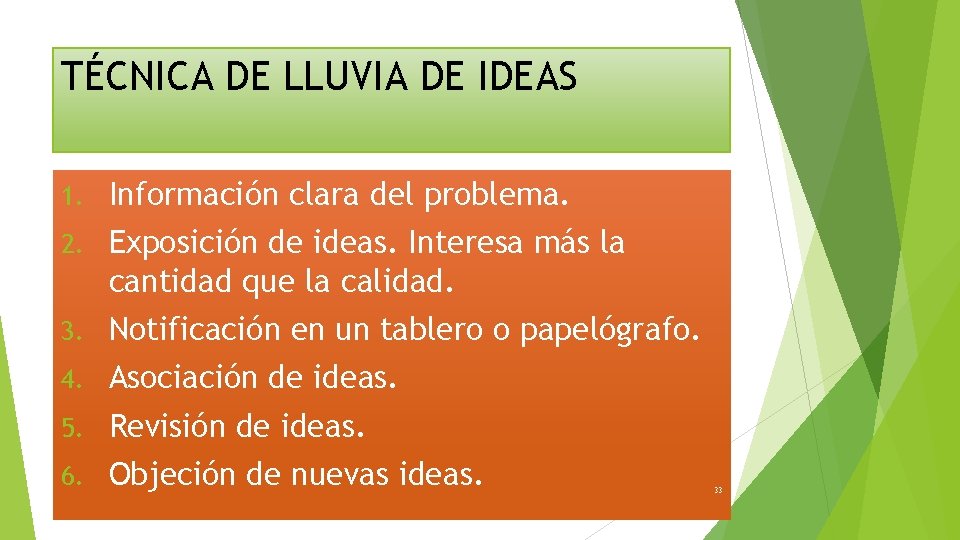 TÉCNICA DE LLUVIA DE IDEAS 1. Información clara del problema. 2. Exposición de ideas.