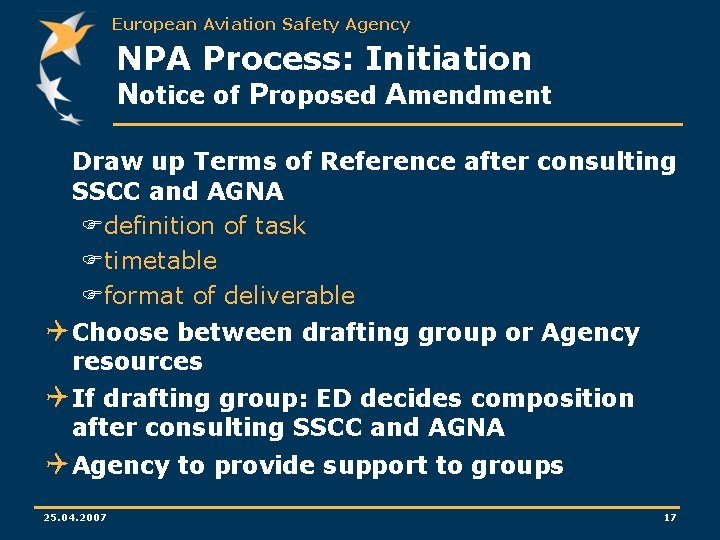 European Aviation Safety Agency NPA Process: Initiation Notice of Proposed Amendment Draw up Terms