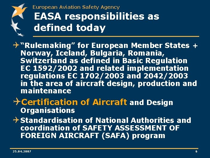 European Aviation Safety Agency EASA responsibilities as defined today Q “Rulemaking” for European Member European Aviation Safety Agency EASA responsibilities as defined today Q “Rulemaking” for European Member