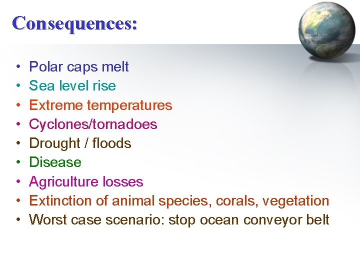 Consequences: • • • Polar caps melt Sea level rise Extreme temperatures Cyclones/tornadoes Drought