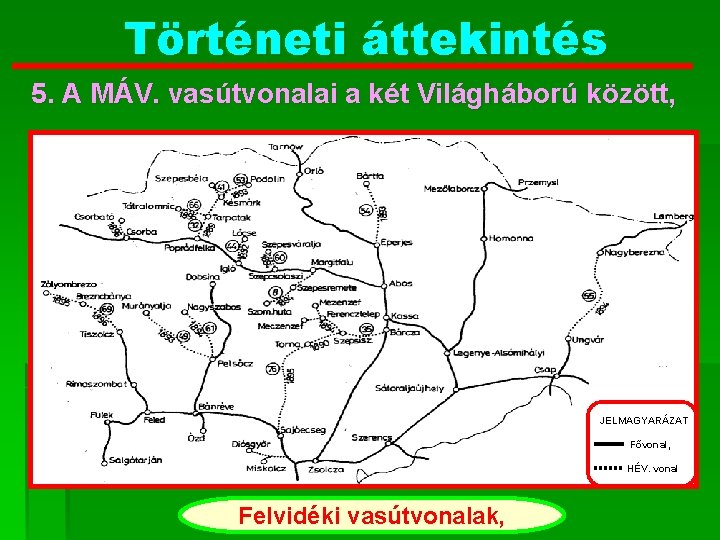 Történeti áttekintés 5. A MÁV. vasútvonalai a két Világháború között, JELMAGYARÁZAT Fővonal, HÉV. vonal