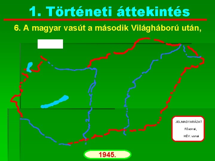 1. Történeti áttekintés 6. A magyar vasút a második Világháború után, JELMAGYARÁZAT Fővonal, HÉV.