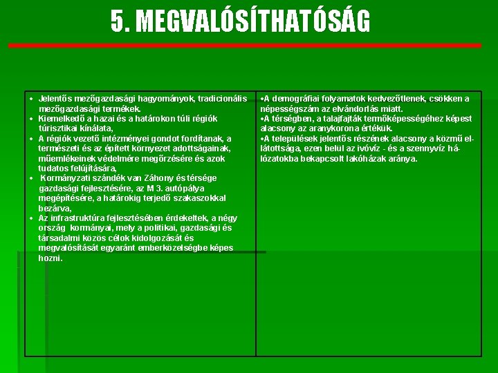 5. MEGVALÓSÍTHATÓSÁG Jelentős mezőgazdasági hagyományok, tradicionális mezőgazdasági termékek. Kiemelkedő a hazai és a határokon