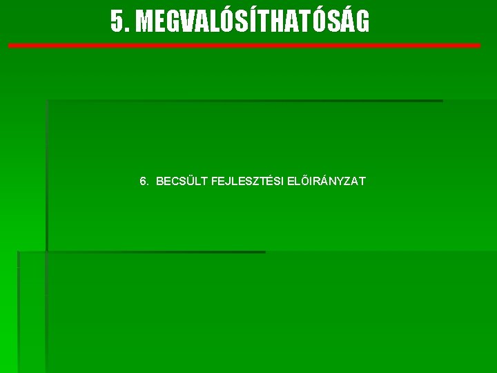 5. MEGVALÓSÍTHATÓSÁG 6. BECSÜLT FEJLESZTÉSI ELŐIRÁNYZAT 