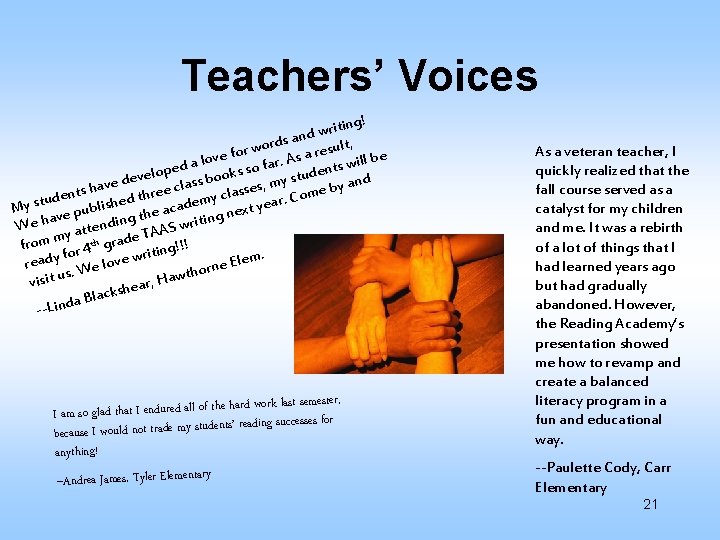 Teachers’ Voices iting! r w d rds an esult, o w r ove fo