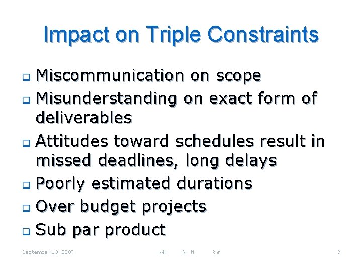 Impact on Triple Constraints Miscommunication on scope q Misunderstanding on exact form of deliverables