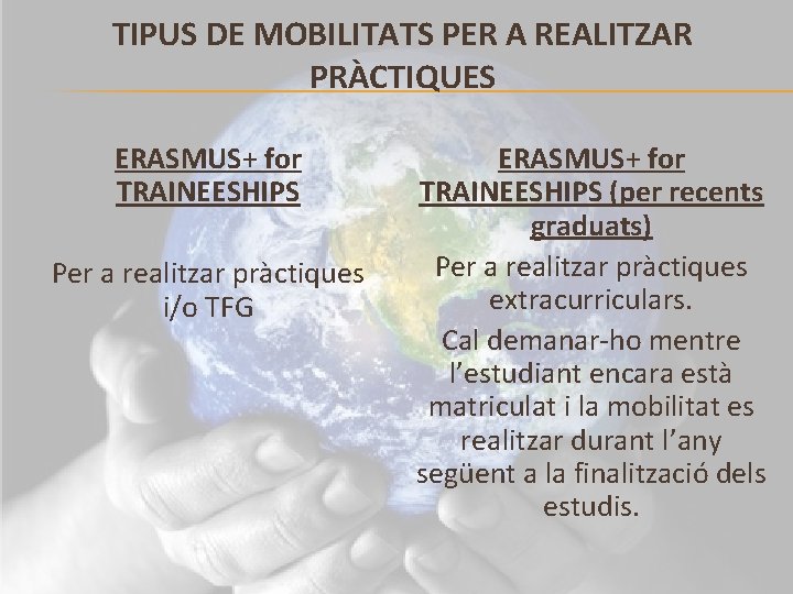 TIPUS DE MOBILITATS PER A REALITZAR PRÀCTIQUES ERASMUS+ for TRAINEESHIPS Per a realitzar pràctiques