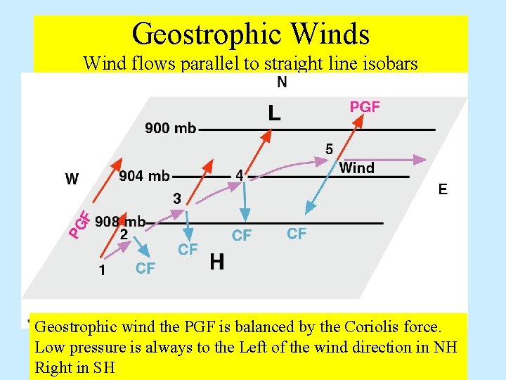 Geostrophic Winds Wind flows parallel to straight line isobars Geostrophic wind the PGF is