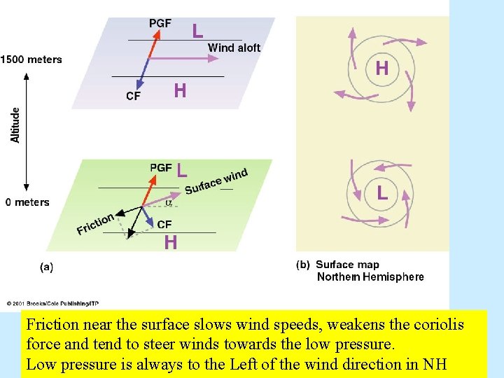 Friction near the surface slows wind speeds, weakens the coriolis force and tend to