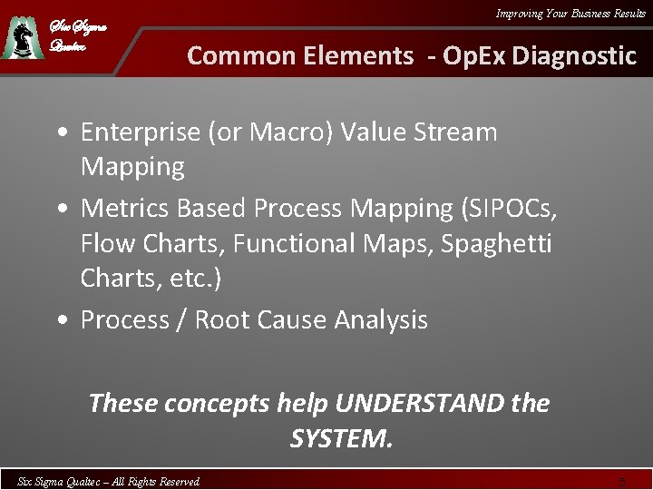 Six Sigma Qualtec Improving Your Business Results Common Elements - Op. Ex Diagnostic •