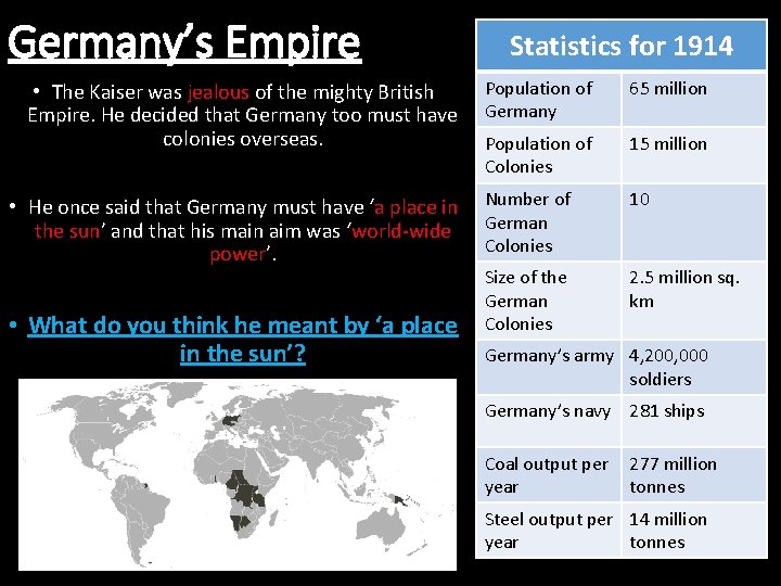 Germany’s Empire • The Kaiser was jealous of the mighty British Empire. He decided