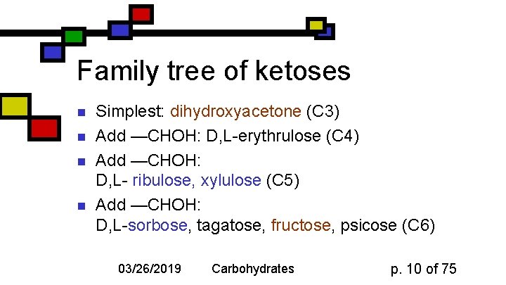 Family tree of ketoses n n Simplest: dihydroxyacetone (C 3) Add —CHOH: D, L-erythrulose