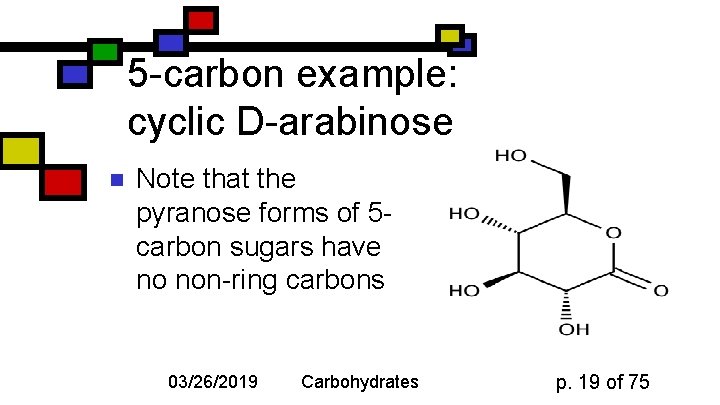5 -carbon example: cyclic D-arabinose n Note that the pyranose forms of 5 carbon