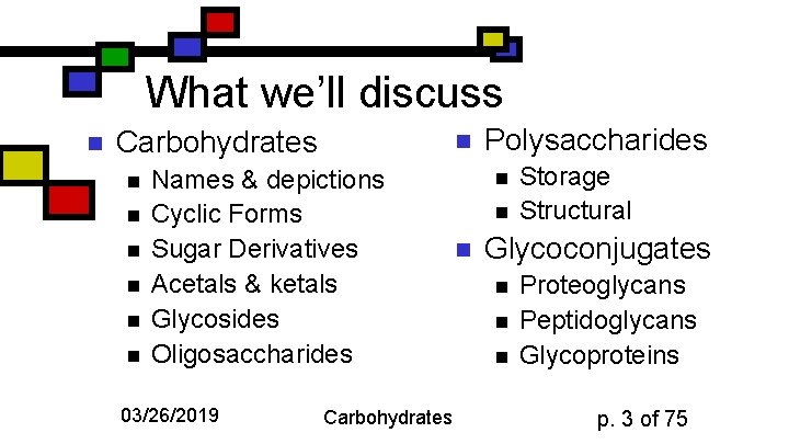 What we’ll discuss n Carbohydrates n n n n Names & depictions Cyclic Forms