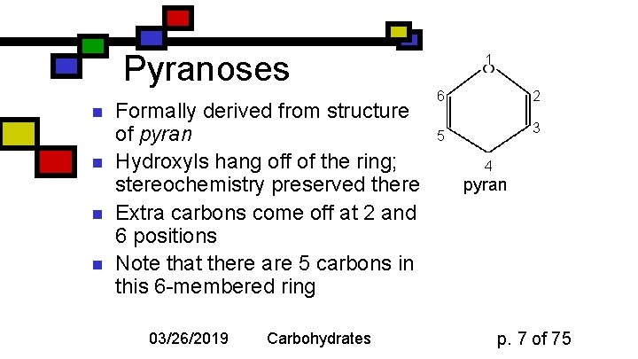 Pyranoses n n Formally derived from structure of pyran Hydroxyls hang off of the