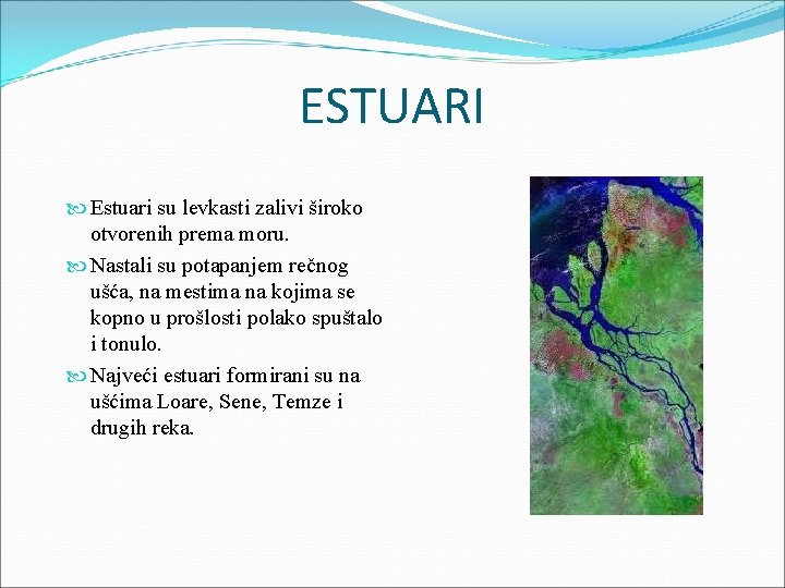 ESTUARI Estuari su levkasti zalivi široko otvorenih prema moru. Nastali su potapanjem rečnog ušća,