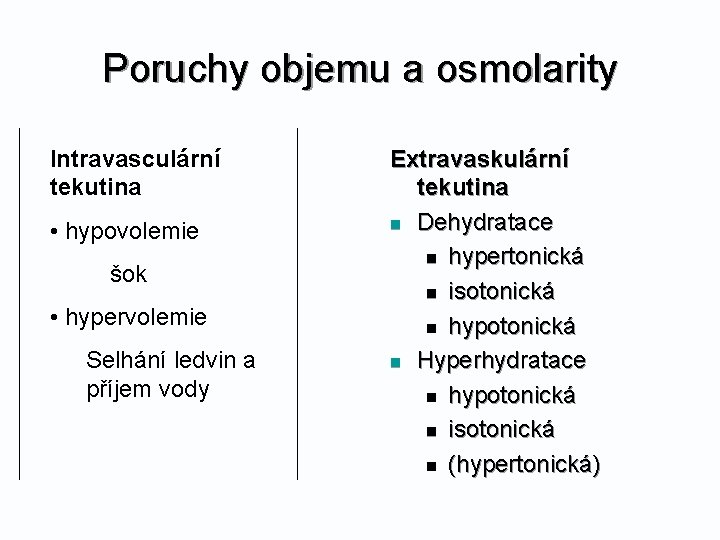 Poruchy objemu a osmolarity Intravasculární tekutina • hypovolemie šok • hypervolemie Selhání ledvin a