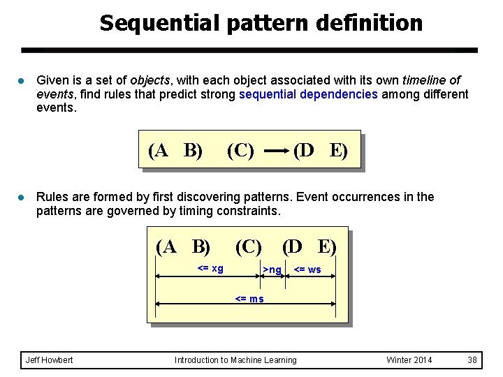 Sequential pattern definition l Given is a set of objects, with each object associated